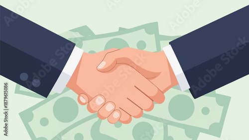 Two hands in suits shake over a pile of money, symbolizing a deal