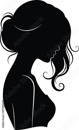 Silhouette profile of person with wavy updo hairstyle, black and white graphic, elegant contour design, transparent background illustration
