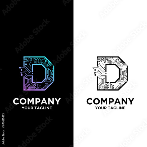 Futuristic Circuit Board Letter D Logo for Technology Company Branding