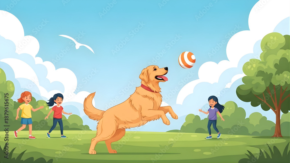 Fototapeta premium Golden Retriever Playing Fetch in Sunny Park with Kids Vector Illustration