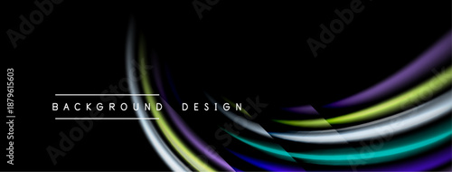 Abstract flowing lines create dynamic visual effect. Bright colors contrast against dark background. Modern design element.