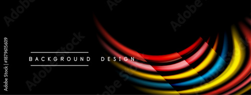 Abstract colorful lines form curved shape against black backdrop. Modern design element, vibrant hues create dynamic visual impact.