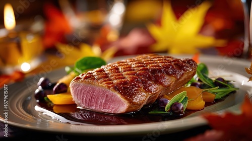 Roasted Duck Breast with Fruit Garnish and Autumn Background