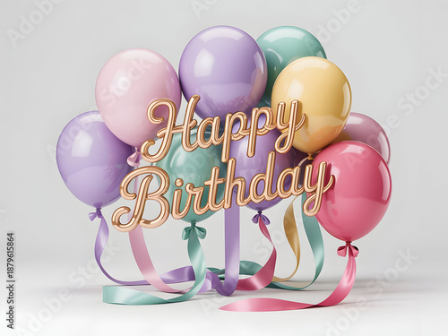 Happy Birthday Balloons with Ribbons, Pastel Colors, Festive Celebration, Stock Media