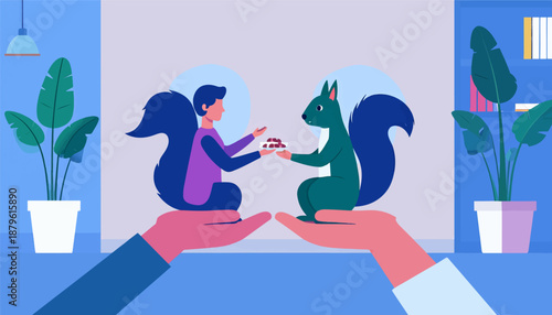 Two hands support a person and a squirrel offering food