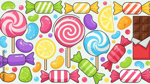 Colorful Assortment of Candies and Lollipops - Sweet Treat Background