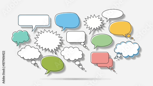 Collection of colorful speech bubbles and thought clouds, communication icons