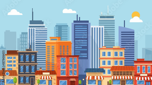 Colorful cityscape illustration with modern buildings and shops under a sunny sky.