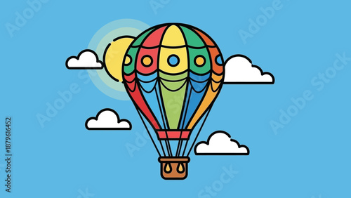 Colorful hot air balloon floating in sky with sun and clouds, illustration
