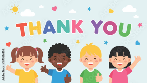 Colorful Thank You Message with Diverse Happy Children Waving
