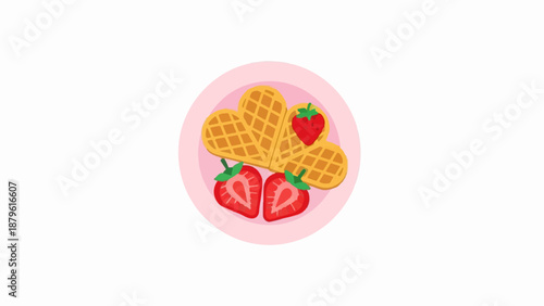 Two heart-shaped waffles and fresh strawberries served on a pink plate