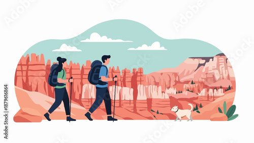 Two hikers with backpacks and poles trek through a desert canyon with a dog