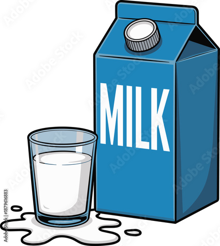 Milk carton and glass of milk on white background