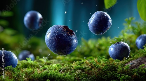 Fresh Blueberries Floating over Green Moss with Water Droplets