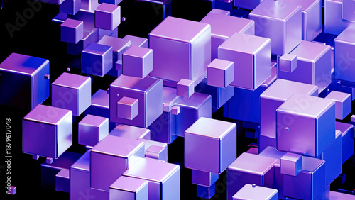Abstract technology background with 3D cubes in space,  purple cubes on black...