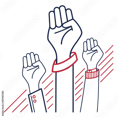 Diverse hands raised in unity and protest with red accents