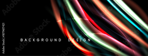 Abstract vibrant lines flow across black background. Modern design elements create dynamic visual impact. Smooth curves suggest movement, energy.