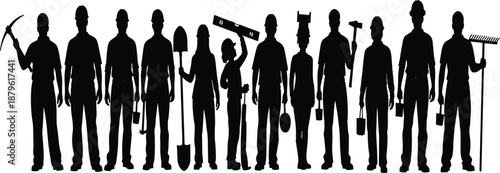 The image is a silhouette of a group of construction workers, arranged in a horizontal line against a stark white background.