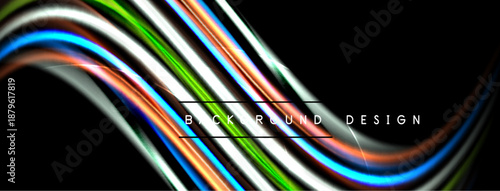 Abstract colorful lines flow across black background. Dynamic wave pattern creates modern visual effect. Bright hues contrast darkness.