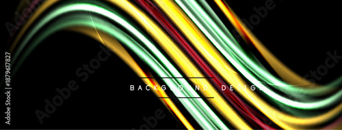 Abstract flowing ribbons, vibrant colors, dynamic curves. Dark background emphasizes bright lines, modern design element.
