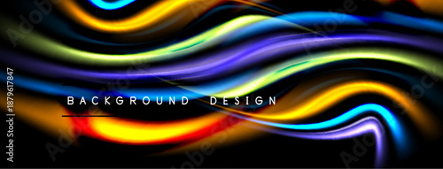 Abstract colorful waves flow across black space. Vibrant hues blend, creating dynamic background design. Smooth curves suggest movement.