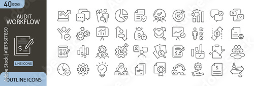 Audit workflow icon set showing audit process, review, checklist, compliance, reporting, analysis, approval, and documentation steps. Clean outline icons for business, finance, and corporate use.