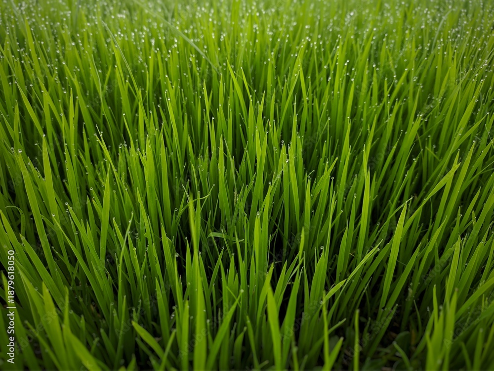 Obraz premium Fresh green rice seedlings with morning dew in paddy field.