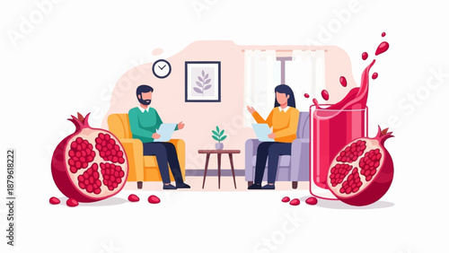 Two individuals converse in armchairs, with a refreshing pomegranate drink nearby