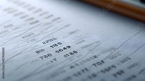 A detailed close up of a financial statement or ledger featuring rows of numbers and lines indicative of analysis and accounting