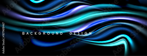 Abstract flowing shapes, vibrant blues, purples, blacks create dynamic background. Smooth curves suggest movement, energy. Modern design element.