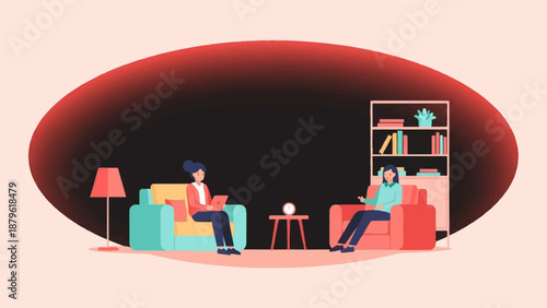 Two individuals engaged in conversation within a stylized living room setting