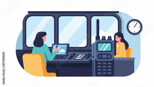 Two individuals in a control room setting, one using a laptop and the other a radio