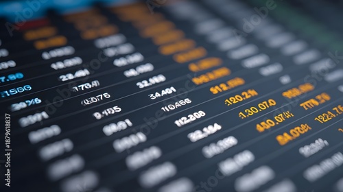 Digital display showing rows of financial data and market numbers on a dark background