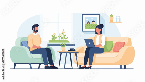 Two individuals in casual attire relax in a living room setting, one reading on a couch, the other working on a laptop