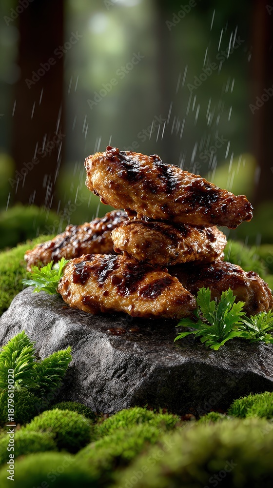 Obraz premium BBQ Grilled Chicken Wings Stacked on a Forest Rock with Green Moss