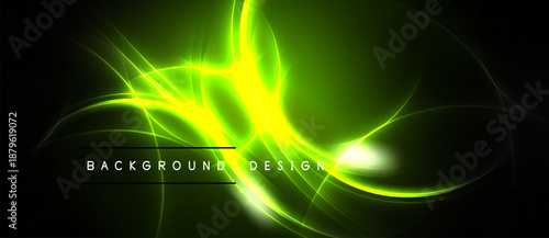 Bright green energy flows, curves radiate from central point. Dark background emphasizes luminous design elements. Modern, abstract composition.