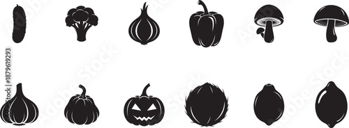 Black silhouettes of various vegetables and mushrooms