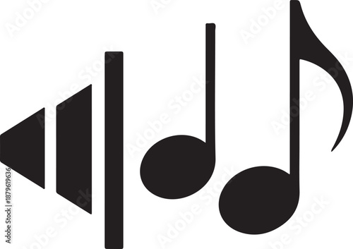 Black Icon Representing Sound Waves and Musical Notes on a White Background Keywords: sound waves, audio, music, notes, musical notes, volume, equalizer, sound, audio signal, playback, media