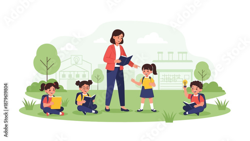 Teacher educating children about environmental conservation in a green outdoor setting with industrial buildings in the background