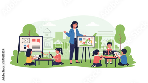 Teacher instructing children in an outdoor art class setting with easels and artwork displayed