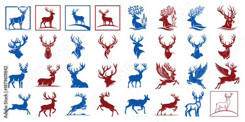Different kinds of Deer silhouette vector icon set