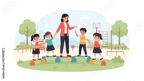 Children and teacher engaging in obstacle course activity on a playground during a sunny day