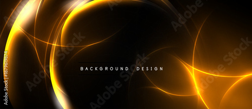 Dark background features glowing orange curves, lines. Abstract design suggests energy, motion, modern aesthetic. Text reads background design.