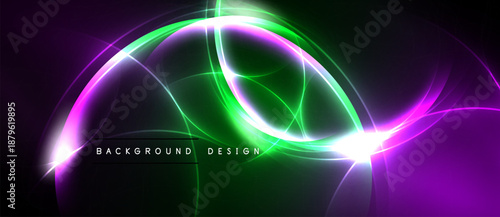 Abstract neon lights create dynamic curves, vibrant colors blend. Dark background emphasizes glowing lines, modern design element.