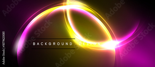 Abstract neon light shapes overlap, creating vibrant yellow, pink glow. Dark background emphasizes bright curves, text reads background design.