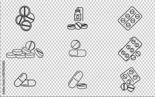 Medicine Pills and Capsules Line Icons Set, Pharmaceutical Drugs Outline Illustration