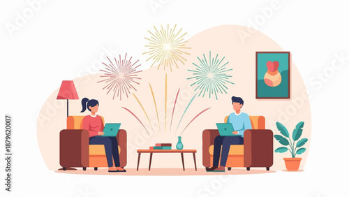 Two individuals relax on comfortable chairs using laptops, with colorful fireworks decorating the background