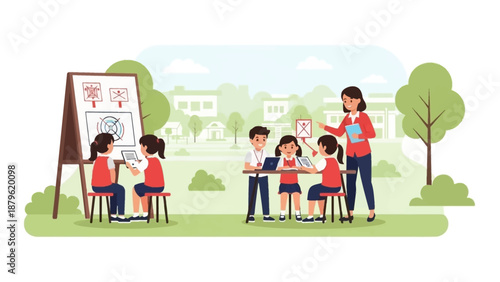 Children gathered around a teacher in a park, engaging in a creative art activity on a large easel outdoors