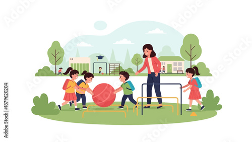 Children playing together in a sunny park with a smiling adult nearby enjoying outdoor activities on a green grassy field