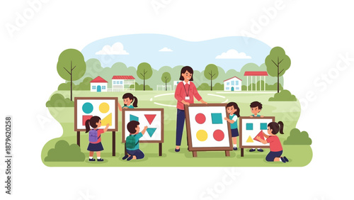 Teacher guiding children in an outdoor art class surrounded by easels and colorful artwork in a serene landscape